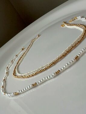 Gold and White Pearl Layered Necklace Set